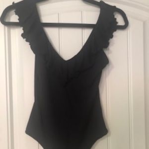 Wilfred black ruffled sleeve/neck body suit